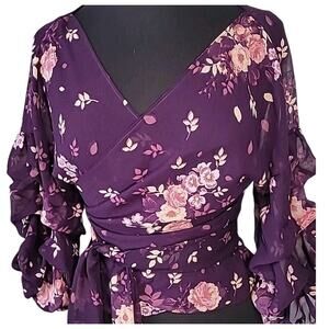 Floral Wrap Crop Blouse L Semi Sheer Y2K Boho Festival Romantic Summer Fairycore